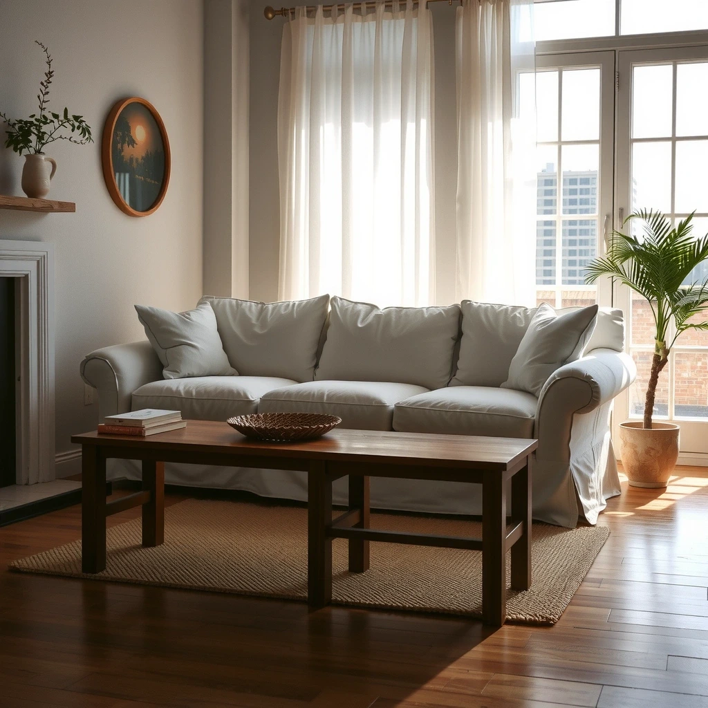 A serene, perfectly arranged living space bathed in natural light